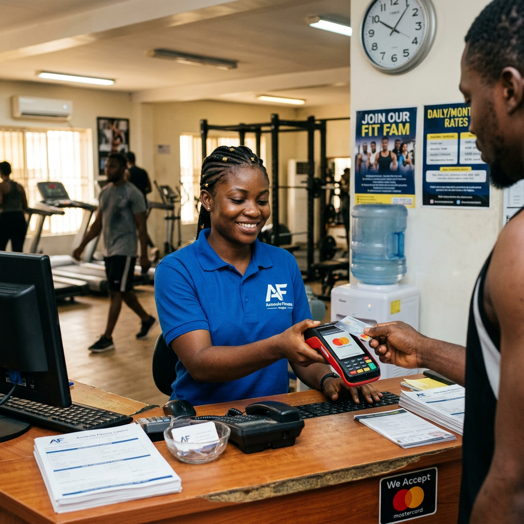 Gym receptionist accepting contactless card payment from gym member