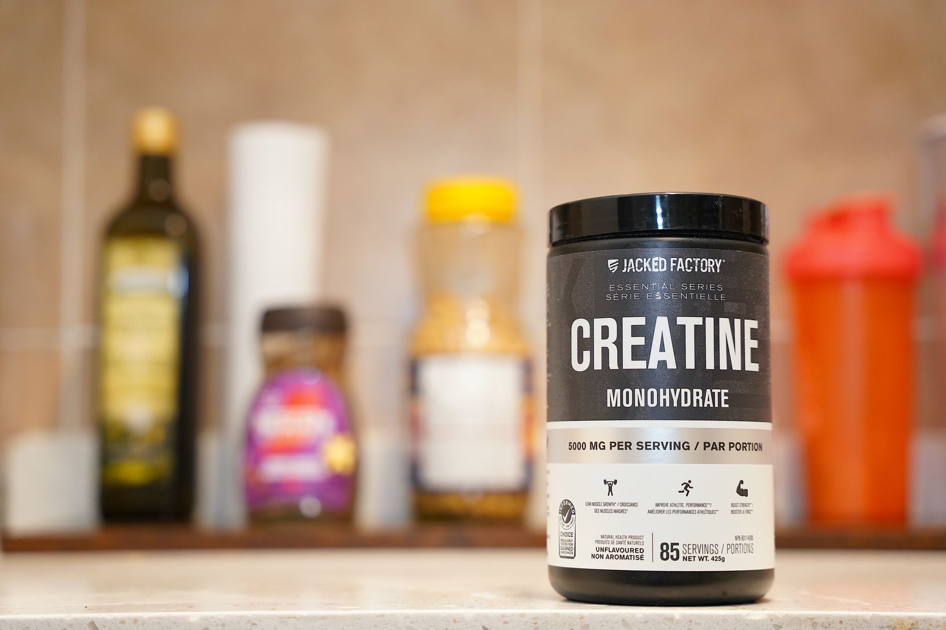 creatine monohydrate supplement in kitchen